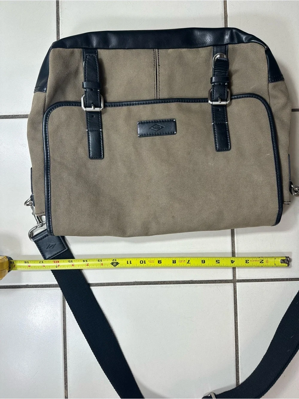 Fossil Tan Canvas Messenger Bag with Black Trim
